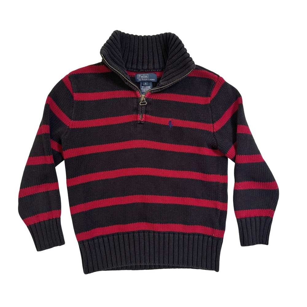 Polo Ralph Lauren Sweater 5 Navy Red Striped Quarter Zip Cotton Knit Pullover
